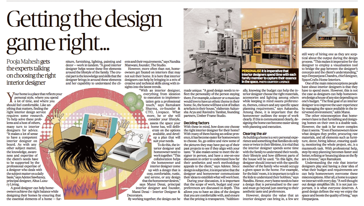 Our point of view on how a good interior designer adds value to home making and things to consider when choosing an interior designer featured in Deccan Herald today